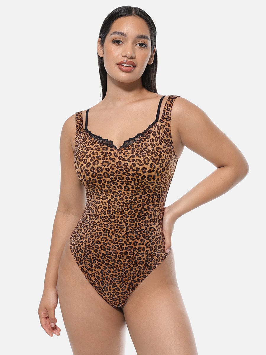 Lace V-Neck T-Back Waist and Abdomen Shaping Thong Bodysuit