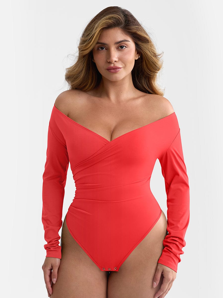 V-neck Overlapping Pleated Bodysuit with Tummy Control