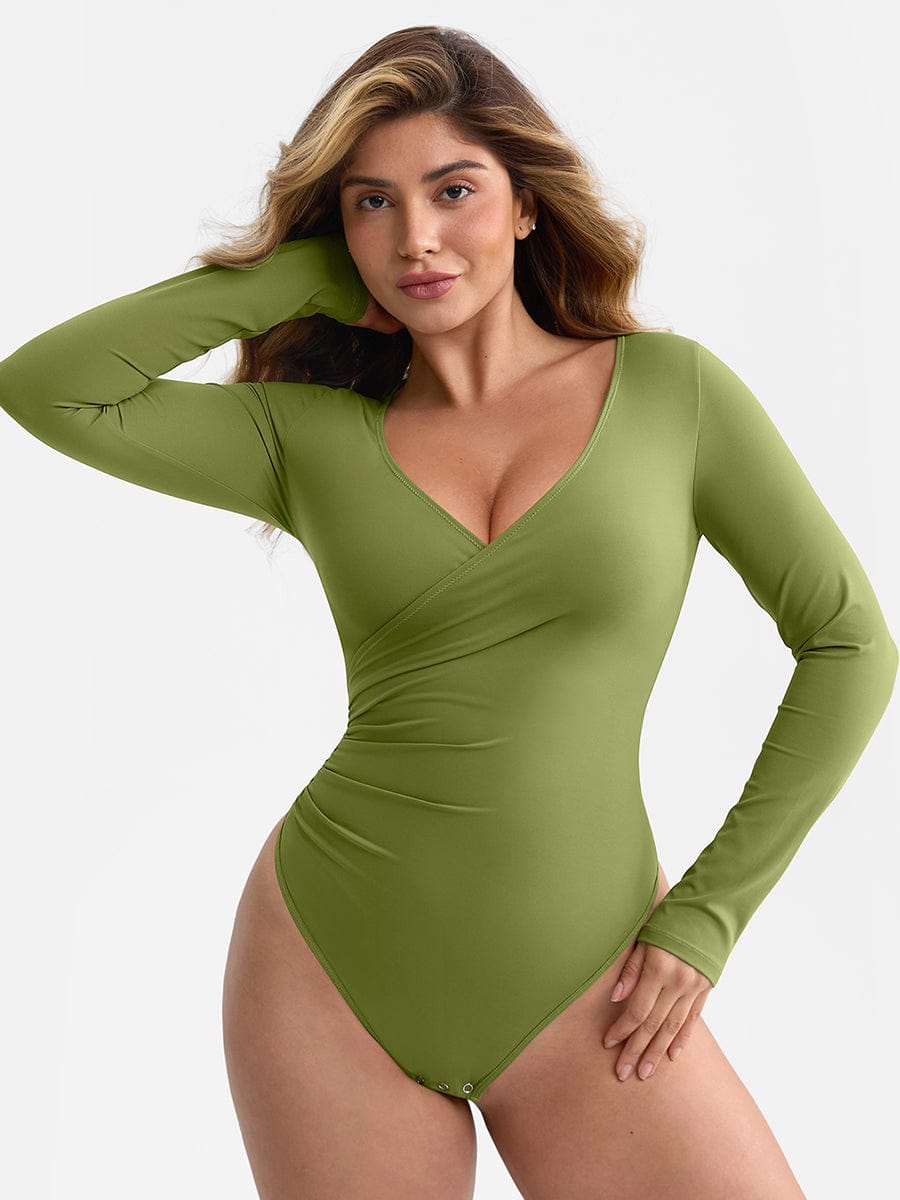 V-neck Overlapping Pleated Bodysuit with Tummy Control - Image 9