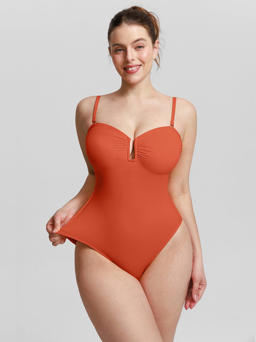 Strapless U Wire Mesh Tummy Control One Piece Swimsuit with Removable Pads - Image 11