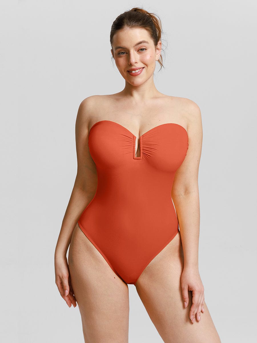 Strapless U Wire Mesh Tummy Control One Piece Swimsuit with Removable Pads - Image 7