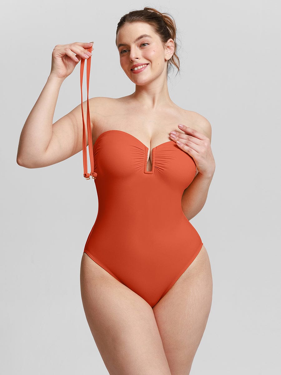 Strapless U Wire Mesh Tummy Control One Piece Swimsuit with Removable Pads - Image 9