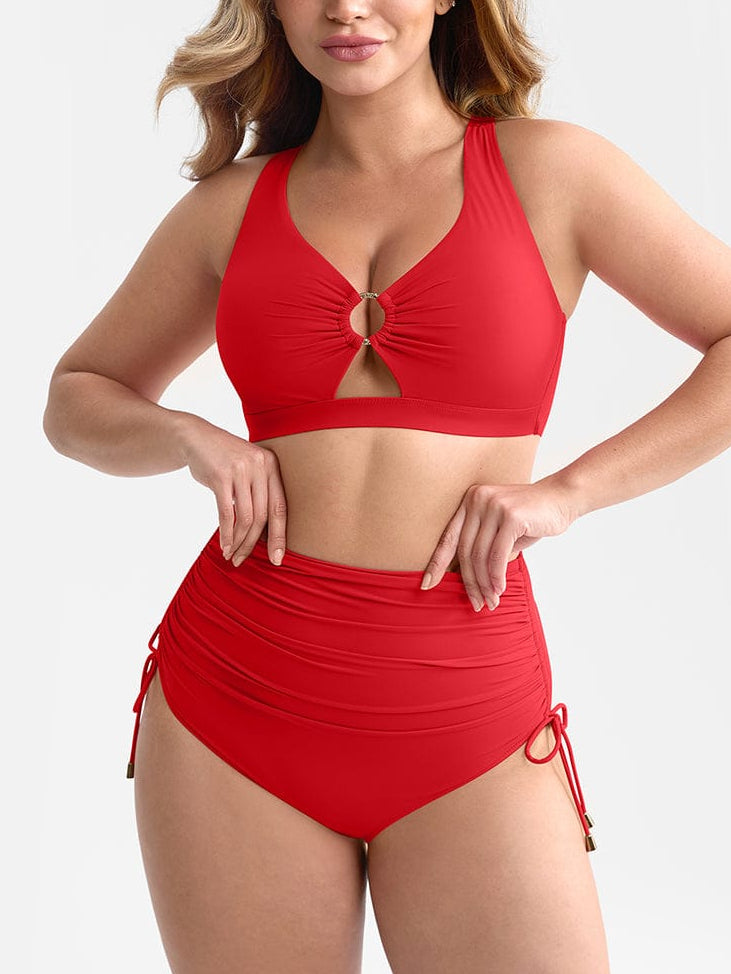 Deep V Metal Ring Drawstring Tummy Control Swimsuit with Removable Pads