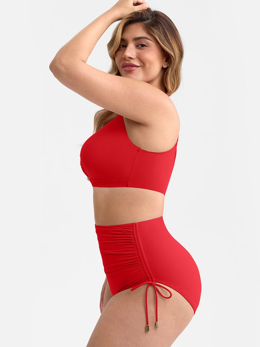 Deep V Metal Ring Drawstring Tummy Control Swimsuit with Removable Pads - Image 3