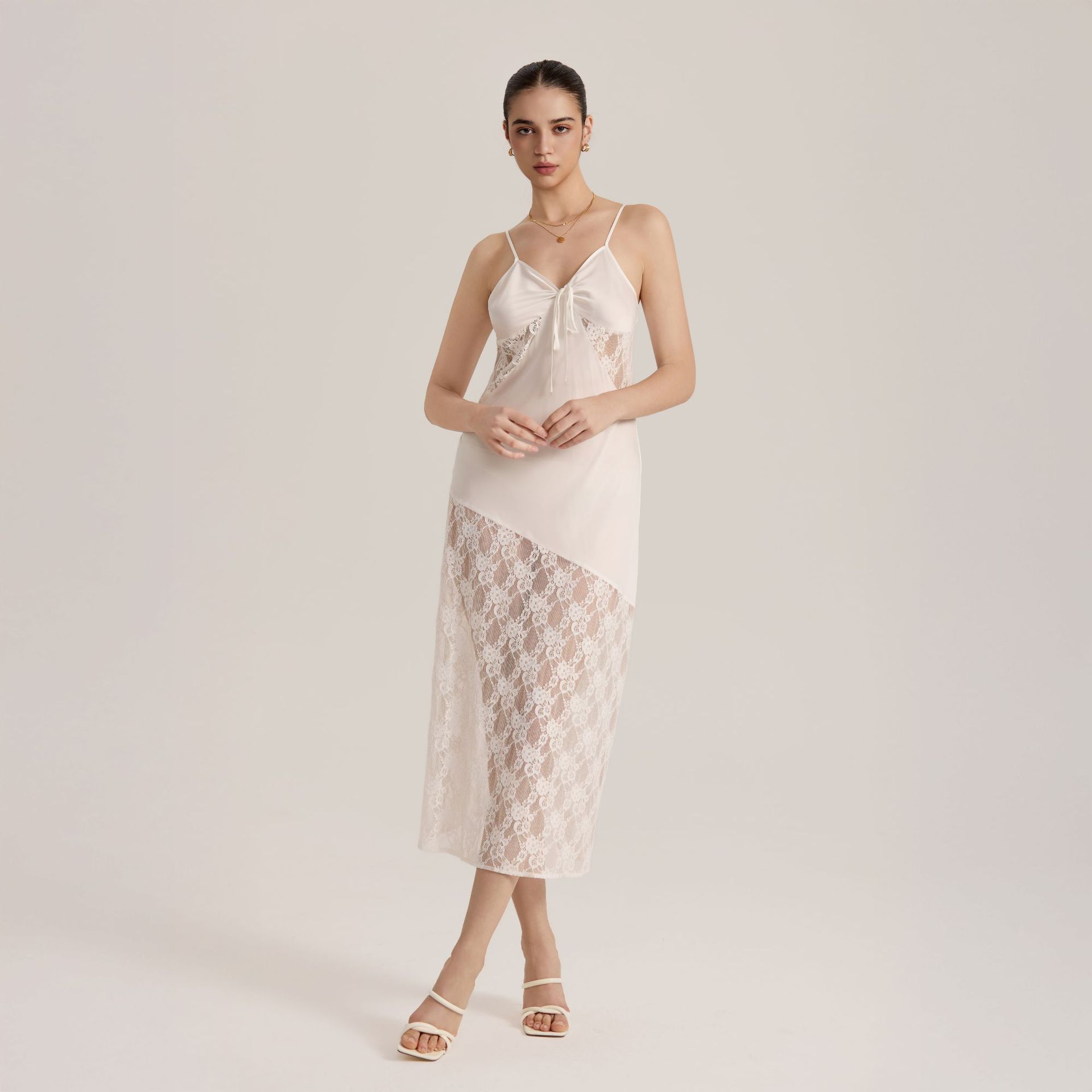 Semi-sheer Lace Satin Camisole Long Dress for Women