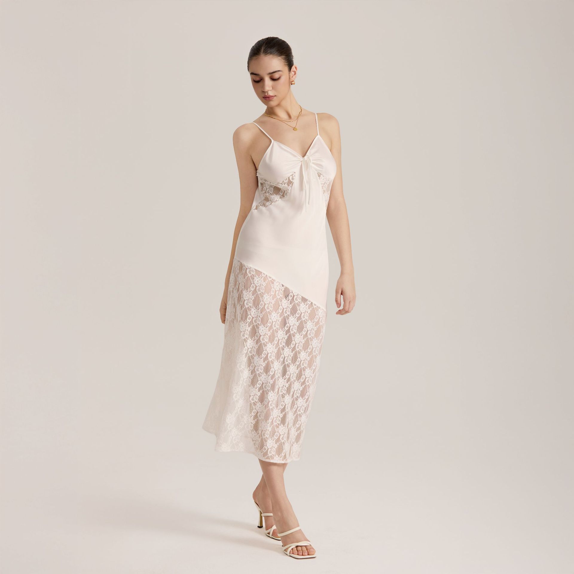 Semi-sheer Lace Satin Camisole Long Dress for Women