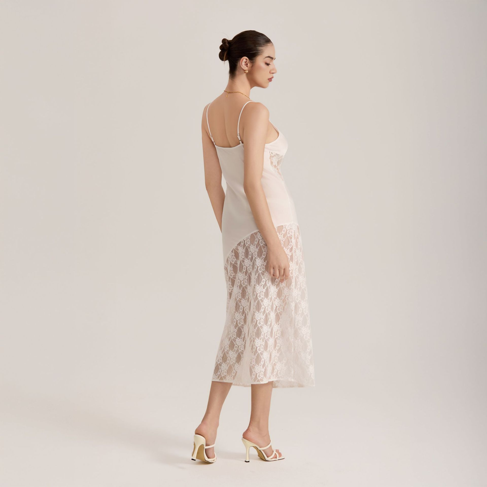 Semi-sheer Lace Satin Camisole Long Dress for Women - Image 3