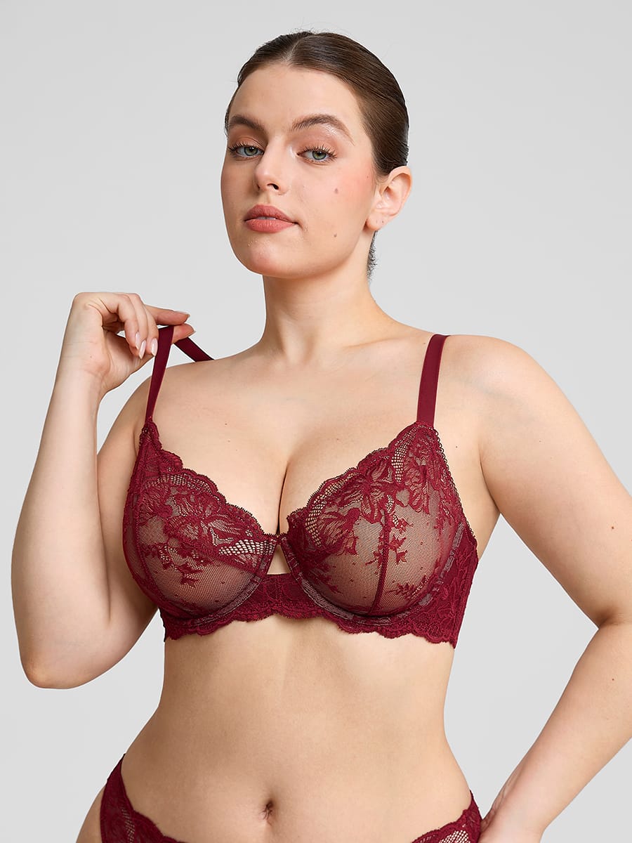 Sheer Floral Lace Bra with Underwire and Mesh Lining