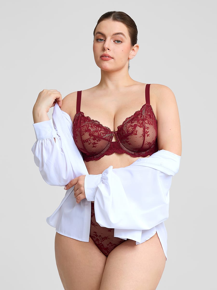 Sheer Floral Lace Bra with Underwire and Mesh Lining - Image 5
